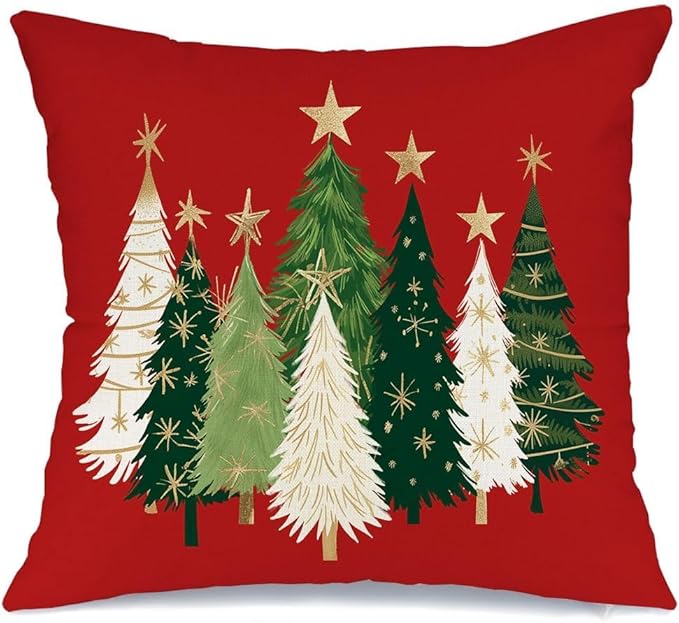 AACORS Christmas Pillow Cover 18X18 Inch Watercolor Christmas Tree Stars Decoration Holiday Farmhouse Winter Pillow Case for Sofa Couch Decor（Red） AA231-18