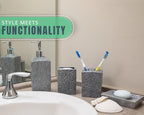 Comfify Designer 4 Piece Bathroom Accessory Set – Ceramic Bath Set w/Liquid Soap or Lotion Dispenser, Toothbrush Holder, Tumbler and Soap Dish – Decorative Set w/Embossed Details – Dark Grey