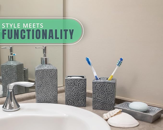 Comfify Designer 4 Piece Bathroom Accessory Set – Ceramic Bath Set w/Liquid Soap or Lotion Dispenser, Toothbrush Holder, Tumbler and Soap Dish – Decorative Set w/Embossed Details – Dark Grey