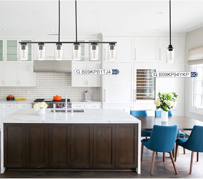 TODOLUZ 6-Lights Kitchen Island Pendant Light Fixture in Black Finish, Linear Hanging Ceiling Lighting Dining Room Chandelier with Seeded Glass Shade