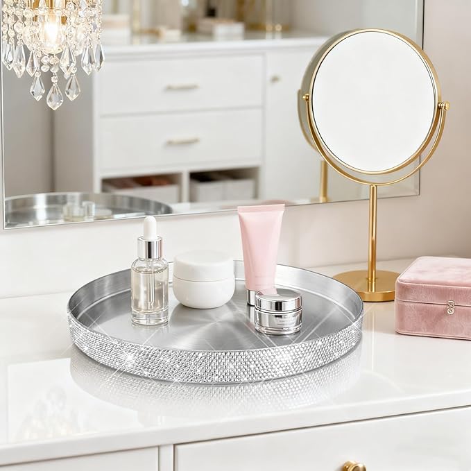 Round Bling Stainless Steel Serving Tray, Shiny Serving Platter for Coffee Table Display, Glitter Rhinestones Decorative Tray for Home Decor (Silver-8.6 inch)