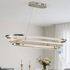 3 Ring LED Chandelier Nickel Rectangular Chandeliers 39in Wood Pirinted Oval Dining Room Chandeliers Over Table Dimmable Weathered Wood Rectangle Chandelier Light for Kitchen Island Study Room