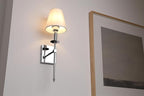 PERMO Single Classic Rustic Industrial Wall Sconce Lighting Fixture with Flared White Textile Lamp Shade and Chrome Tapered Column Stand