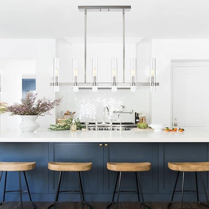 Untrammelife Polished Nickel Linear 6-Light Chandelier with Glass Shades, 36-inch Adjustable Height Modern Pendant Lighting for Kitchen Island & Dining Room, Dimmable Indoor Hanging Light Fixture