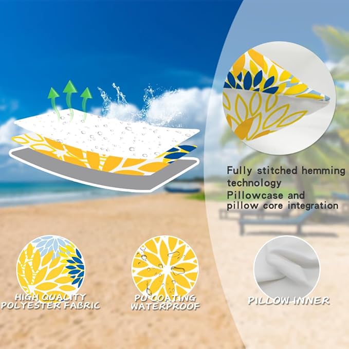 DFXSZ Yellow Blue Flower Pillow Covers 18x18 Inch Set of 2 White Gray Colored Throw Pillows Outdoor Waterproof Decor for Living Room Sofa Patio Funiture Garden Floral Polyester Pillow Covers 002J18
