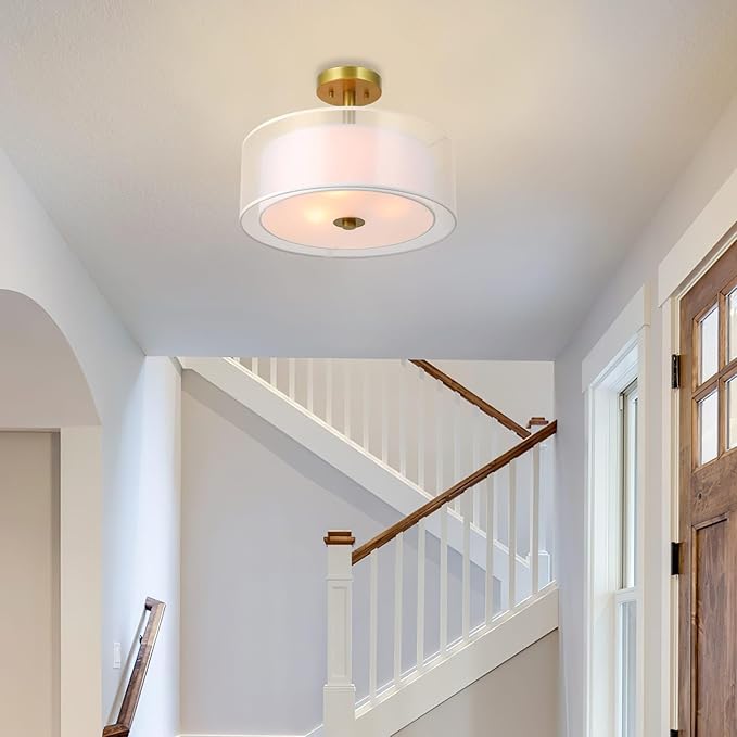 XiNBEi Lighting Drum Semi Flush Mount Ceiling Light, 3 Light Semi Flush Light, 16" Close to Ceiling Light with Fabric Shade Gold Brass Finish for Living Room & Bedroom XB-SF1194-GB