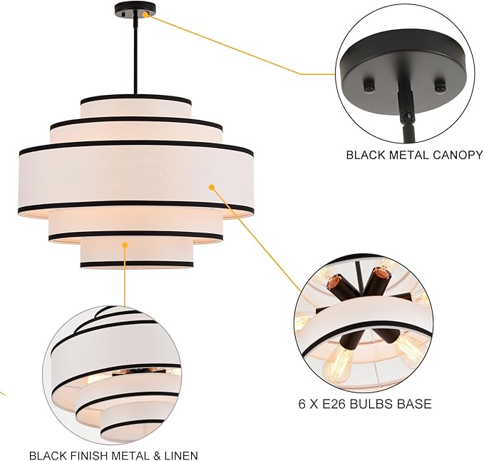 25.6" Black Drum Chandelier with White Linen Lampshade 6-Light Modern Farmhouse Chandelier Light Fixture for Living Room, Dining Room, Kitchen Island, Entryway, Stairway
