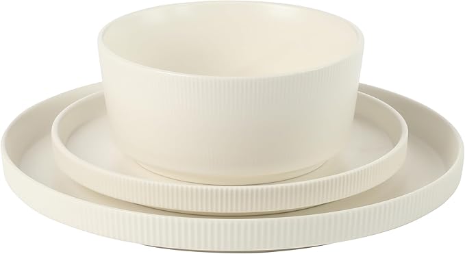 Gibson Home Dempsey Road 12-Piece Stoneware Dinnerware Set – Service for 4, Round White Plates and Bowls, Durable Solid Color Modern Embossed Dish Set, Microwave & Dishwasher Safe