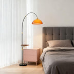 MIXL-Black Arch Floor Lamp with Wood Table,2-Tier Shade Over Couch Curved Floor Lamp,Unique Ambient Lighting,Mid Century Modern Standing Light for Office Nursery