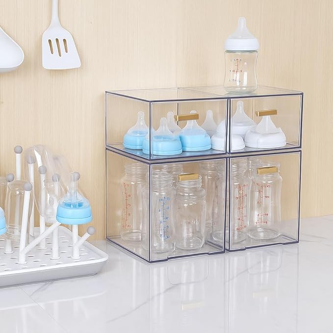 4 Pack Stackable Clear Acrylic Storage Drawers with Golden Handles, Plastic Drawer Organizers for Makeup, Kitchen, Bathroom, Office, Under Sink & Cabinet Organization(6.7"D x 10.6"W x 12"H)