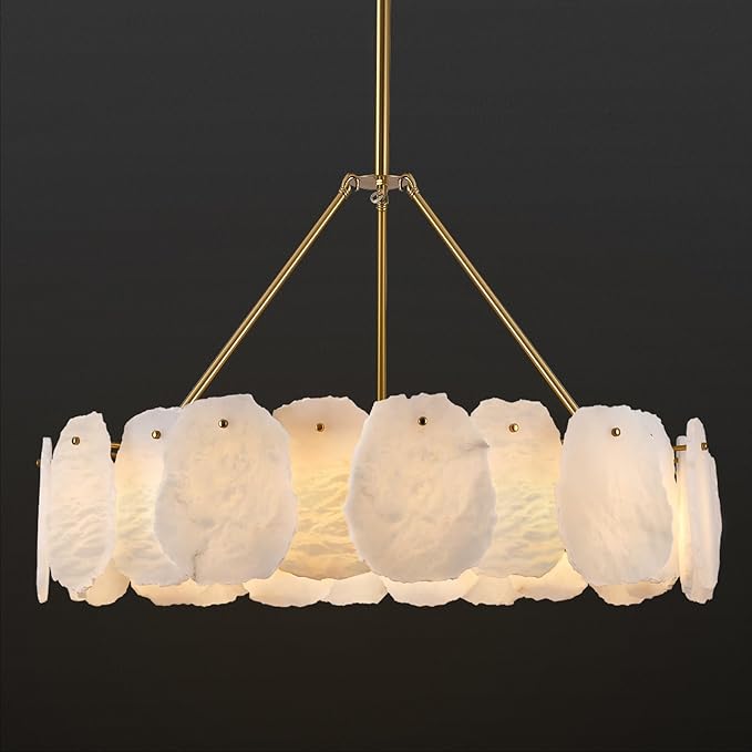 Round Alabaster Chandelier, 32in Spanish Marble Chandeliers for Dining Room, Alabaster Modern Chandeliers for Living Room, Adjustable Gold Chandelier for Bedroom, Bathroom, Kitchen, Foyer, Entryway