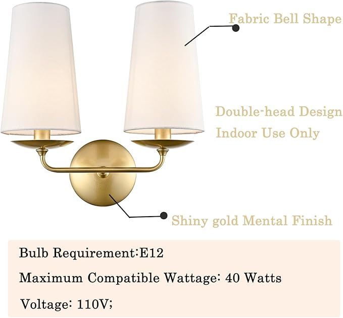 Modern Gold 2-Light Wall Sconces Hardwired Brass Double Sconce with Fabric Shade for Bedroom, Fireplace, Staircase, Bathroom, Hallway