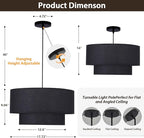 Black Drum Pendant Light Fixtures, 18” Double Drum Chandelier with Fabric Lampshade E26 Base, 3 Light Dining Room Light Fixture, 2-Tier Chandelier for Bedroom and Kitchen(Bulb not Included)