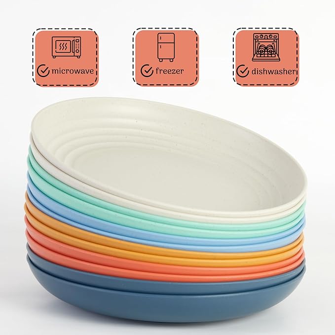 12PCS Unbreakable Dinner Plates, Dishwasher & Microwave Safe Plastic Plates Reusable, Lightweight Wheat Straw Plates for kitchen (Dopamine, 9 IN)