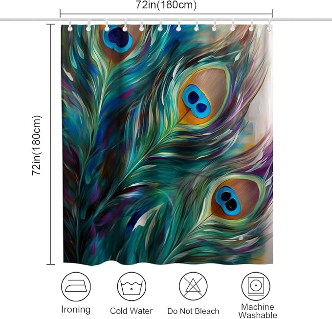Peafowl Feathers Peacock Teal Shower Curtain Waterproof Picture Plume Pattern Theme Kids Shower Curtain Set with 12 Hooks 72x72 inch Polyester Machine Washable, Turquoise