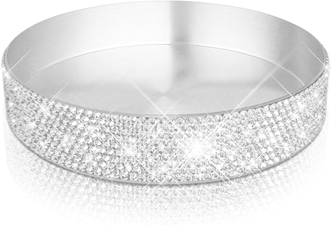 Round Bling Stainless Steel Serving Tray, Shiny Serving Platter for Coffee Table Display, Glitter Rhinestones Decorative Tray for Home Decor (Silver-5.5 inch)