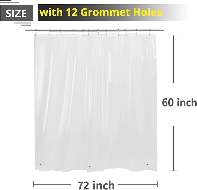 Short Shower Curtain Liner 72x60 - Free Magnetic Clips Closed to Wall, 60 Inch Length Heavy Duty Plastic Shower Curtain, Clear, 72x60
