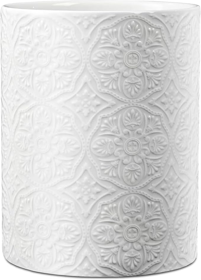 Ceramic Kitchen Utensil Holder for Countertop, Embossed Pattern Crock with Kiln-Fired Finish, Counter Organizer for Cooking Tools , White