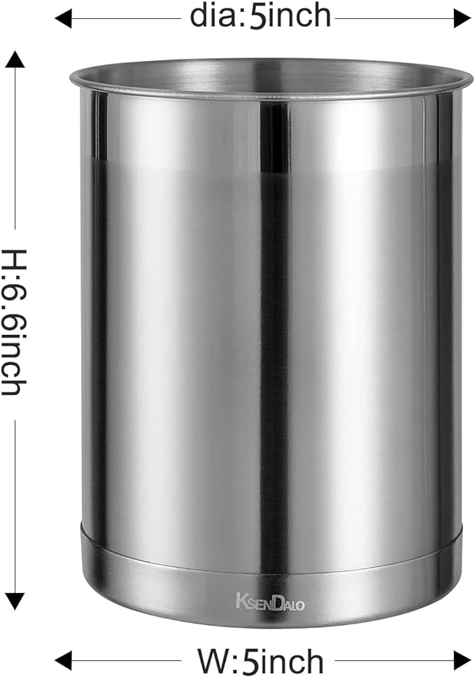 KSENDALO Cooking Utensil Holder for Kitchen Counter, 6.6inch Metal Utensil Crock Stainless Steel Utensil Holder Container Canister Spatula Spoon Caddy Organizer-Brushed- Heavy Base, Silver