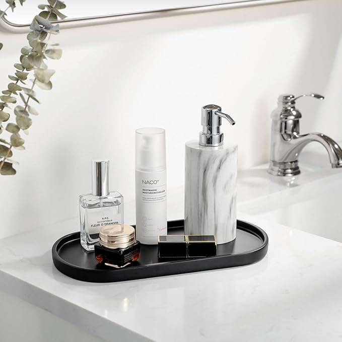 Luxspire Resin Vanity Tray, Toilet Tank Oval Storage Tray, Soap Tray Bathtub Tray Bathroom Countertop Organization for Towel Plant Bathtub Accessories Ring Holder Jewelry Organizer, M, Matte Black