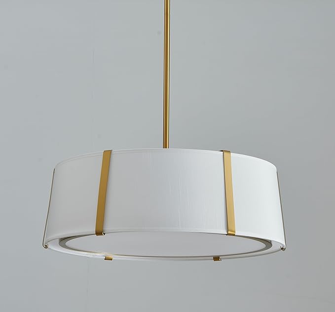 Shrine Lighting Drum Chandeliers, Modern Style, Drum Pendant Light for Living Space, D18'' x H6'', Adjustable Chains 39.4'', E12*4 Sockets, White Lampshade & Brass Finish