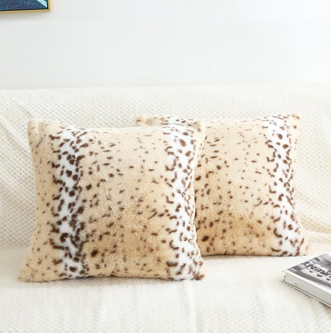 Throw Pillows Covers Fluffy Animal Fur Pillow Cover Snow Leopard Cheetah Print Decorative Accent Cushion Covers Pillowcases for Couch Sofa Bedroom Living Room, 18x18, Beige