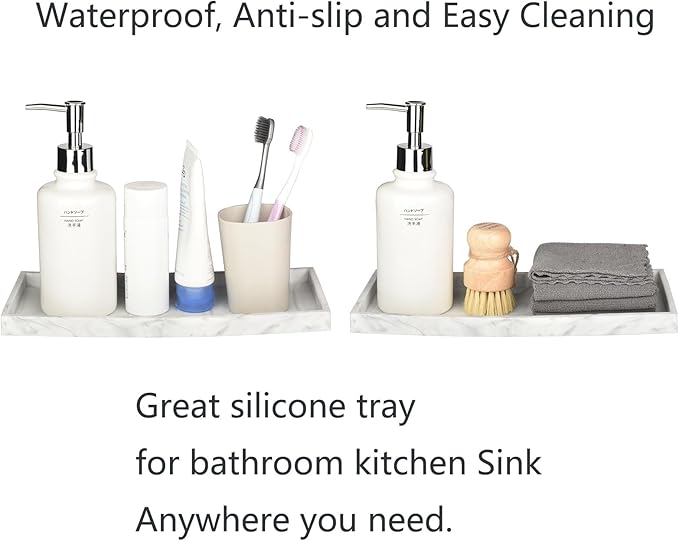 DNC Silicone Bathroom Tray for Counter, 2PC (7.9" +11.8") Vanity Tray for Countertop, Kitchen Sink Soap Tray for Dish Holder Dispenser Toilet Tank Desk Organizer Marble White