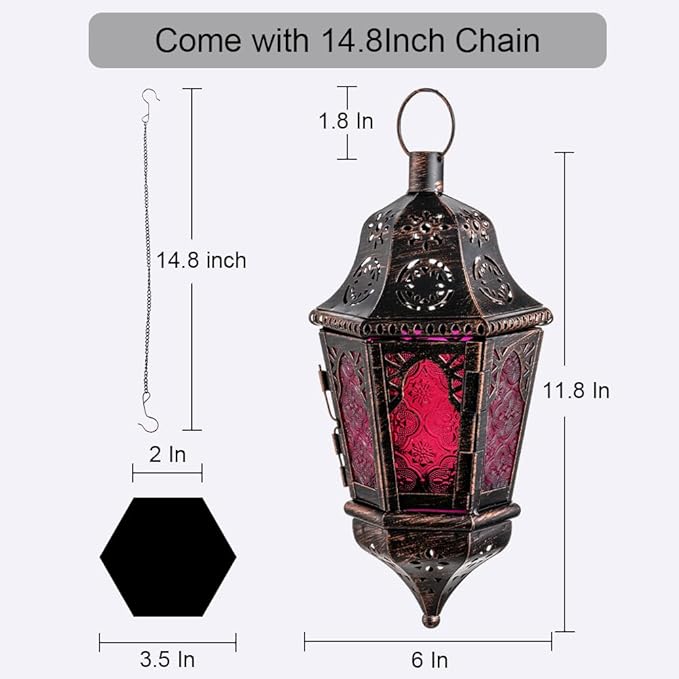 DECORKEY Lantern Decorative Indoor & Outdoor, 13.6’’ Moroccan Style Vintage Decorative Hanging Lantern with Chian for Home Porch Patio Decor, Metal Christmas Halloween Ramadan Candle Holders(Purple)