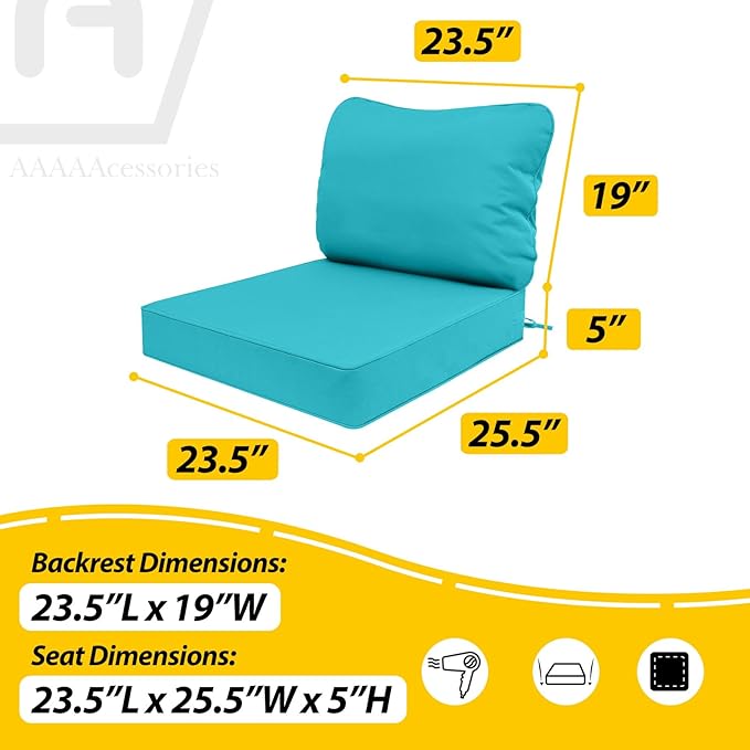 AAAAAcessories Outdoor Deep Seat Cushions, Waterproof, Fade-Resistant Patio Furniture Replacement Cushions, 23.5" x 25.5" x 5" + 23.5" x 19", Turquoise Blue
