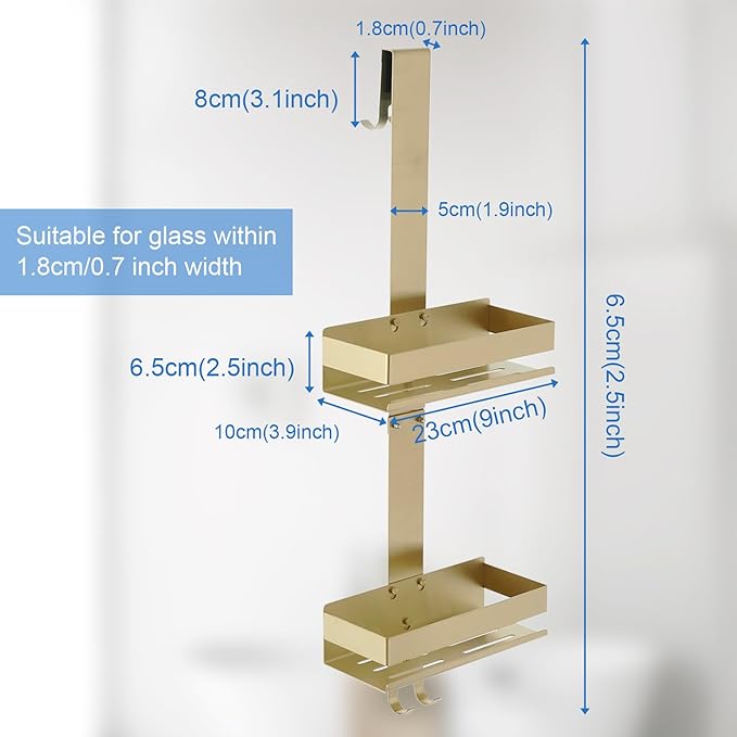 Gold Shower Caddy Over Shower Door - 2 Tier Hanging Shower Caddy Organizer No Drilling, Shower Storage Shelf for Indoor Shower, Bathroom, Bedroom, Kitchen