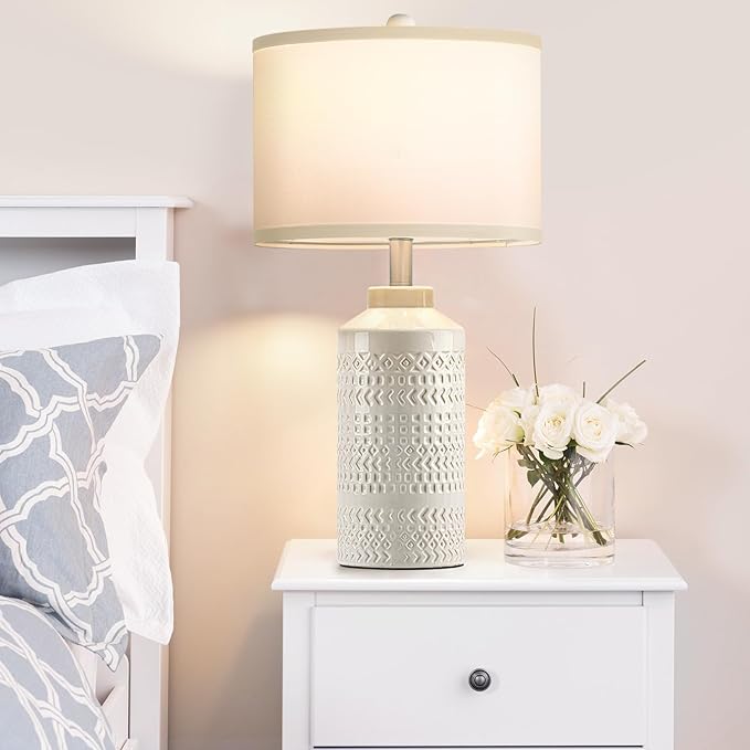 23.5" Ceramic Table Lamps for Living Room, Modern Cream White Table Lamps for Bedrooms Set of 2, Vintage Ceramic Lamps for Night Stands, White Shade Retro Nightstand Lamps for Bedroom