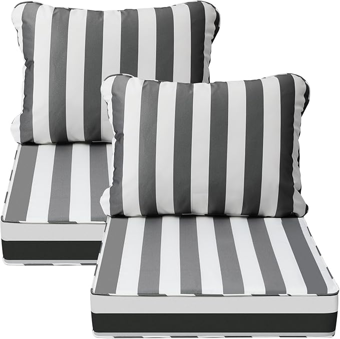 AAAAAcessories Outdoor Deep Seat Cushions, Waterproof, Fade-Resistant Patio Furniture Replacement Cushions, 23.5" x 25.5" x 5" + 23.5" x 19", Set of 2, Gray Cabana Stripe