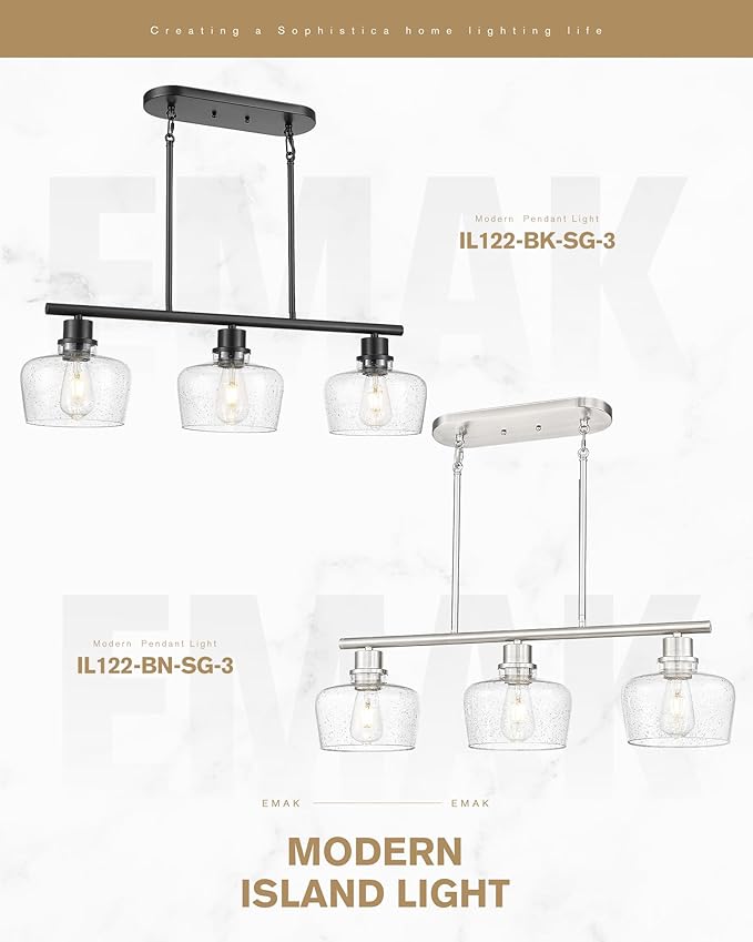 Emak Black Dining Room Light Fixture, Modern 32 Inch Linear Chandelier Lamp with Seeded Glass Shade, Farmhouse 3-Light Kitchen Island Lighting for Kitchen, Dining Room, Bar, IL122-BK-SG-3