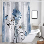Rustic Farmhouse Shower Curtain, Farm Blue Daisy Floral Flowers and Butterfly on Country Wooden Shower Curtain for Bathroom, Turquoise Blue Bathroom Shower Curtains with 6PCS Hooks, 36X70IN