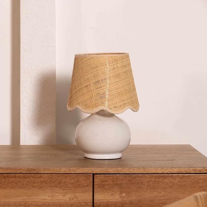 BoutiqueRugs Navarro Boho Ceramic Bedside Table Lamp for Bedroom Nightstand and Living Room - Shade Rattan - White, Beige - 13" H