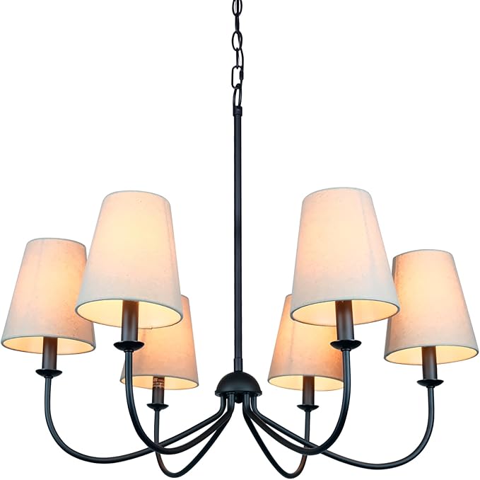 Chandelier, Matte Black with Linen Fabric Shade, 6-Light 28" Modern Farmhouse Linear Pendant Lighting Fixture for Kitchen Island (Black)