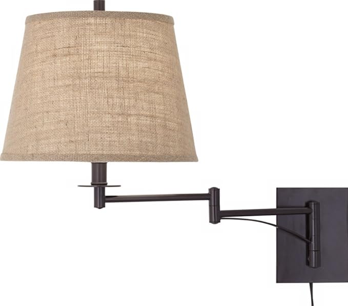Franklin Iron Works Brinly Farmhouse Rustic Swing Arm Wall Lamp Matte Brown Metal Plug-in 12" Fixture Burlap Hardback Drum Shade for Bedroom Bedside Living Room Hallway Dining House Reading
