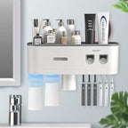 Toothbrush Holders Wall Mounted, Toothbrush Holder with Automatic Toothpaste Dispensers, 6 Brush Slots, 3 Magnetic Cups,1 Cosmetic Drawer Organizer and 1 Large Storage Tray