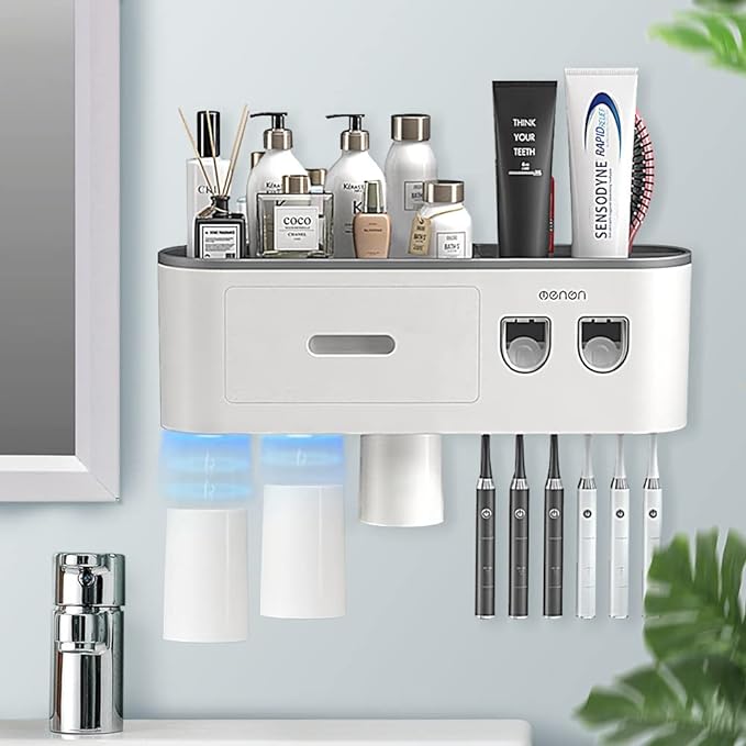 Toothbrush Holders Wall Mounted, Toothbrush Holder with Automatic Toothpaste Dispensers, 6 Brush Slots, 3 Magnetic Cups,1 Cosmetic Drawer Organizer and 1 Large Storage Tray