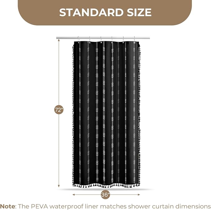 downluxe Linen Texture 3 in 1 Farmhouse Shower Curtain Set with Tassel, Boho Fabric Shower Curtains for Bathroom, Black, 36W x 72L