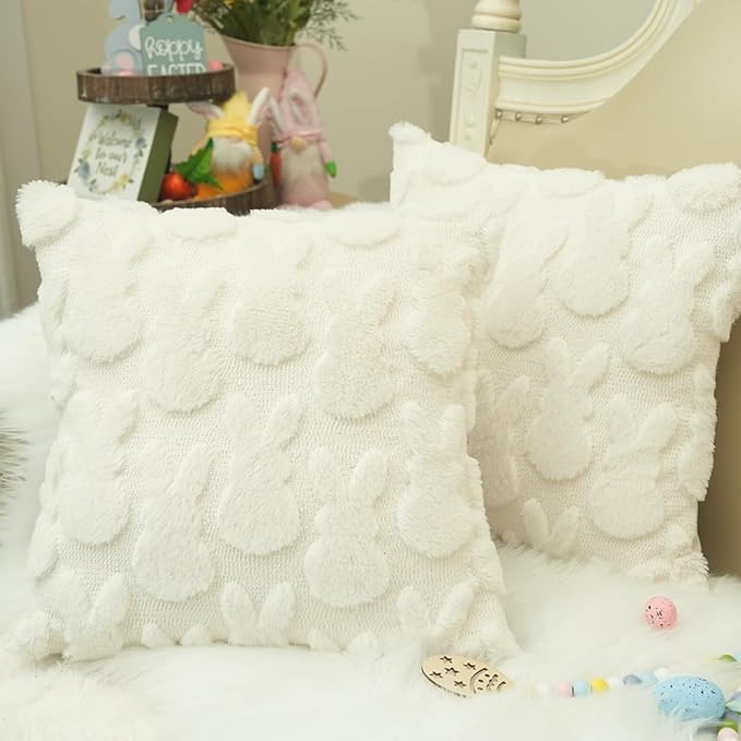 GEEORY Easter Bunny Soft Plush Pillow Covers, 18 x 18 Inch Set of 2, Fluffy Faux Fur Wool Decorative Farmhouse Cushion Case for Sofa Home Decoration Cream GC013-18