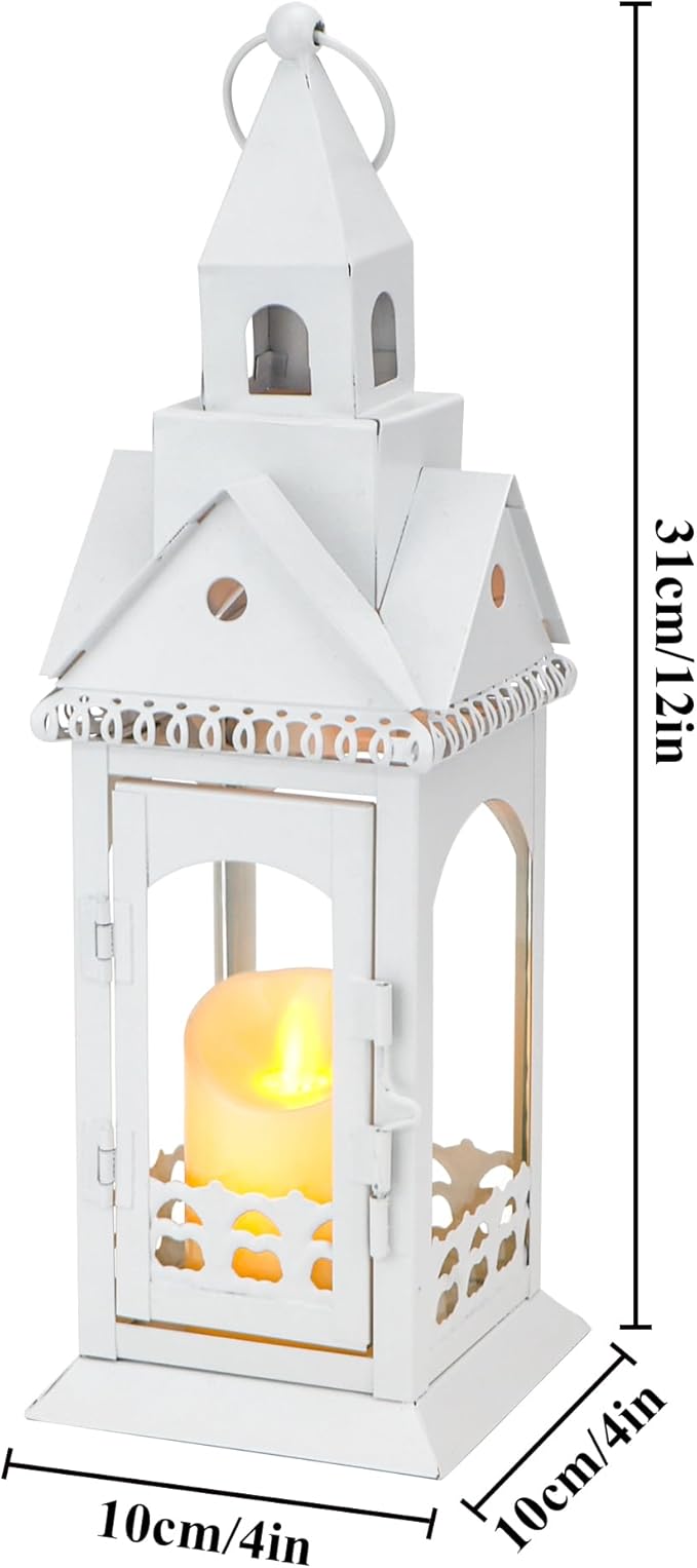 TRIROCKS Rustic Style Metal Candle Lantern 13'' High Decorative Outdoor Lantern Candle Holder with Tempered Glass House Shape for Home Living Room Garden Patio Parties Indoors Outdoors (White)