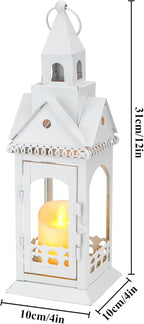 TRIROCKS Rustic Style Metal Candle Lantern 13'' High Decorative Outdoor Lantern Candle Holder with Tempered Glass House Shape for Home Living Room Garden Patio Parties Indoors Outdoors (White)