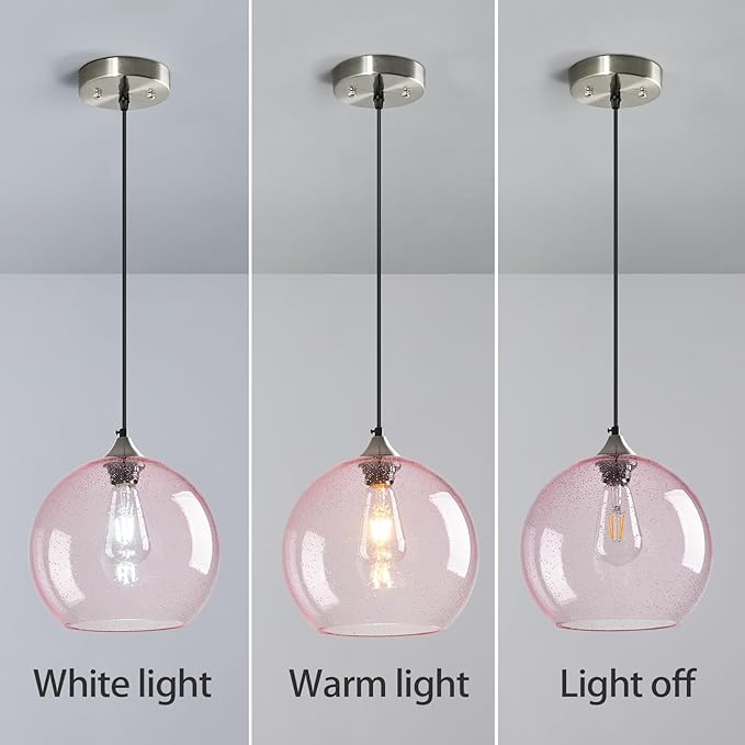 Pink Glass Pendant Lights Kitchen Island Globe Pendant Light Fixtures Modern Pendant Lighting for Bedroom Living Dining Room Light Fixture (9.84 in, 1 Pack)