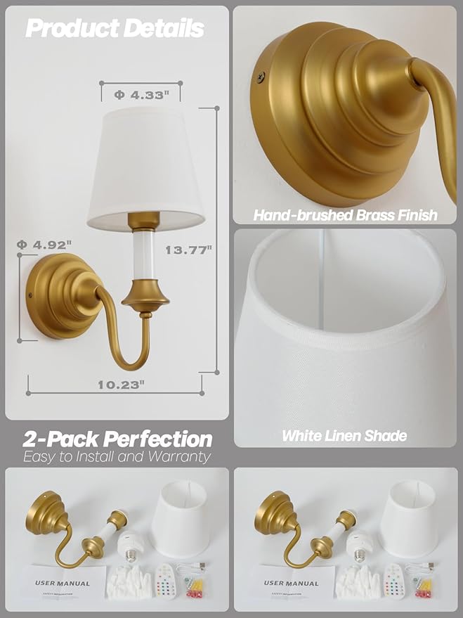 Battery Operated Wall Sconces Set of 2,Vintage Brass Gold Fabric Sconce Light with Linen Cloth Shade Dimmable Rechargeable Cordless Wall Mounted Lamp for Bedroom Living Room Hallway