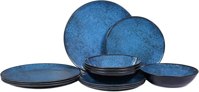 Melamine Dinnerware Sets for 4, Dinner Plates Bowls Set, Unbreakable Melamine Classic Blue Dinnerware, Dishwasher Safe Tableware Sets for Everyday Use, 12 Pcs