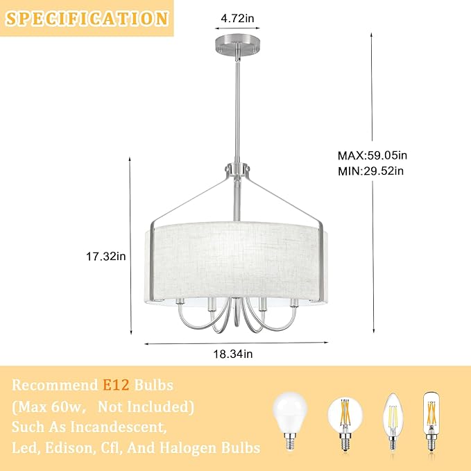 5-Light Drum Chandelier for Dining Room 18" Farmhouse Pendant Light with Linen Lampshade – Brushed Nickel Chandelier for Kitchen Island, Living Room, Bedroom, Entryway & Foyer