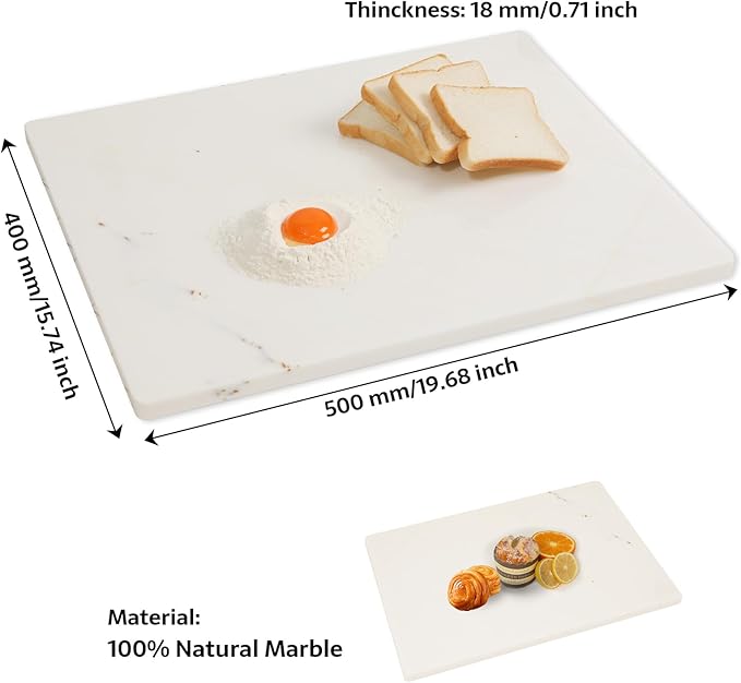 Natural Marble Cutting Board for Kitchen, 20x16 inch White Marble Pastry Board, Stone Serving Slab Large Hand Crafted for Cheese, Dough, Dessert, Chocolate