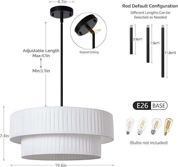 LamQee 20” Modern Drum Chandelier, 2-Tier Semi-Flush Mount Pendant Light Fixtures 3-Light with White Fabric Lampshades, Matte Black Fixtuer Hang Ceiling Lamp