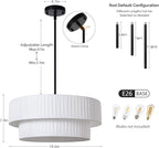 LamQee 20” Modern Drum Chandelier, 2-Tier Semi-Flush Mount Pendant Light Fixtures 3-Light with White Fabric Lampshades, Matte Black Fixtuer Hang Ceiling Lamp
